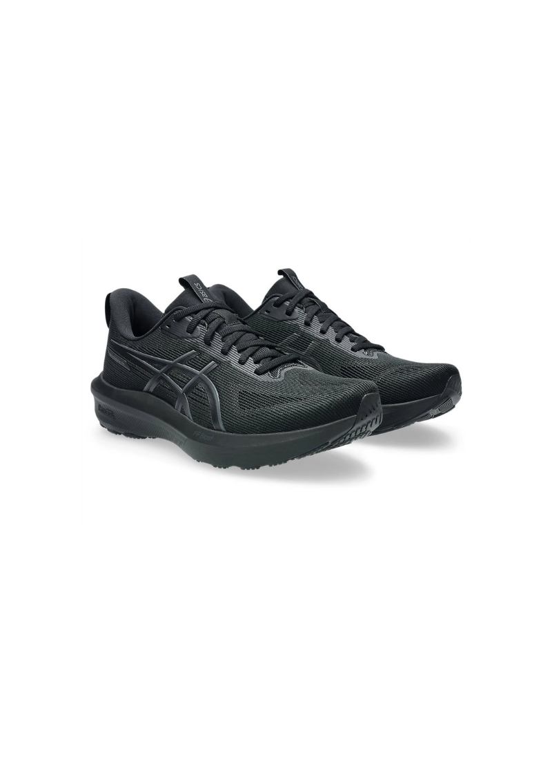 Three-quarter front view of a pair of triple-black Asics GT-1000 14 Running Shoes featuring breathable mesh uppers, matching black side stripes, and thick FF Blast midsoles.