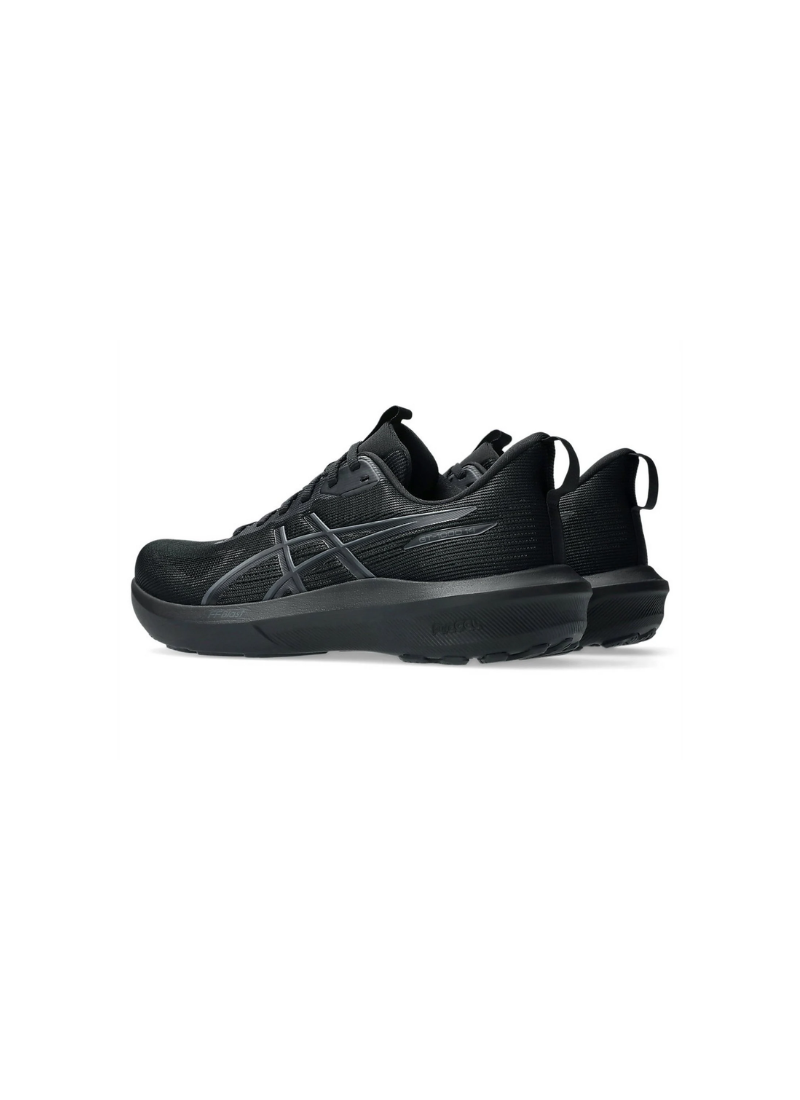 Three-quarter rear perspective view of the all-black Asics GT-1000 14 Running Shoes showing the heel pull tabs, subtle model branding, and sculpted midsoles.