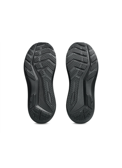 Underside bottom view of the Asics GT-1000 14 Running Shoe outsoles showcasing the durable black AHAR rubber tread pattern with flex grooves.