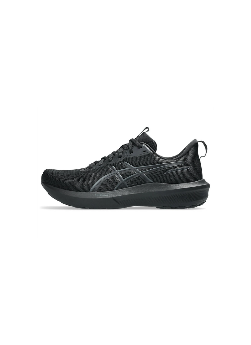 Outer lateral side profile view of the all-black Asics GT-1000 14 Running Shoe displaying the dark mesh upper, glossy black logo overlay, and cushioned midsole.