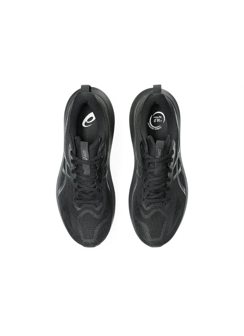 Direct overhead top-down view of the black Asics GT-1000 14 Running Shoes highlighting the mesh toe box, black laces, dark interior padding, and tongue pull tabs.