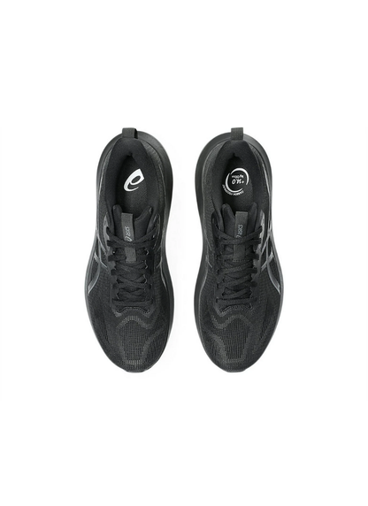 Direct overhead top-down view of the black Asics GT-1000 14 Running Shoes highlighting the mesh toe box, black laces, dark interior padding, and tongue pull tabs.