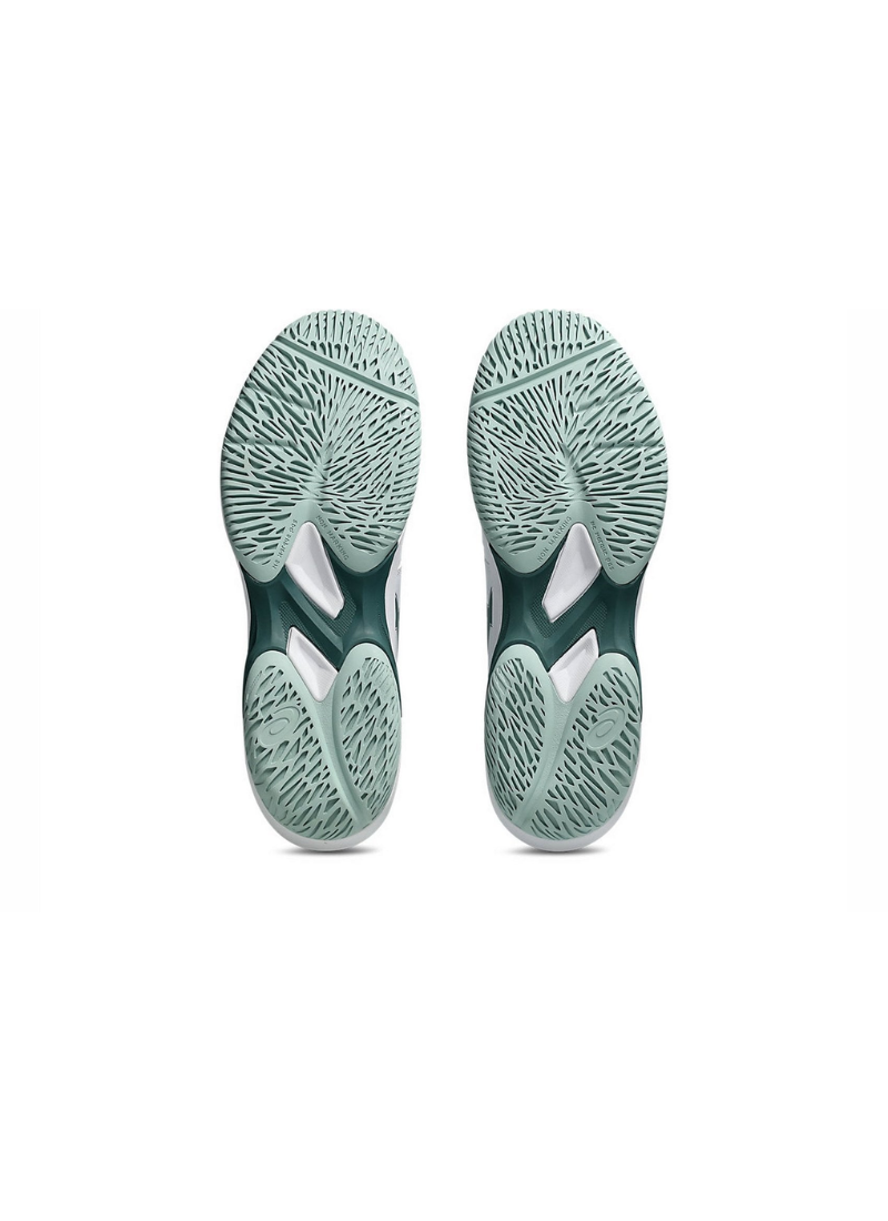 Underside bottom view of the Asics Game FF Tennis Shoe soles displaying the light green multi-directional court tread pattern and dark green midfoot bridge.