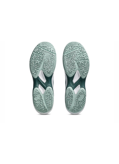Underside bottom view of the Asics Game FF Tennis Shoe soles displaying the light green multi-directional court tread pattern and dark green midfoot bridge.