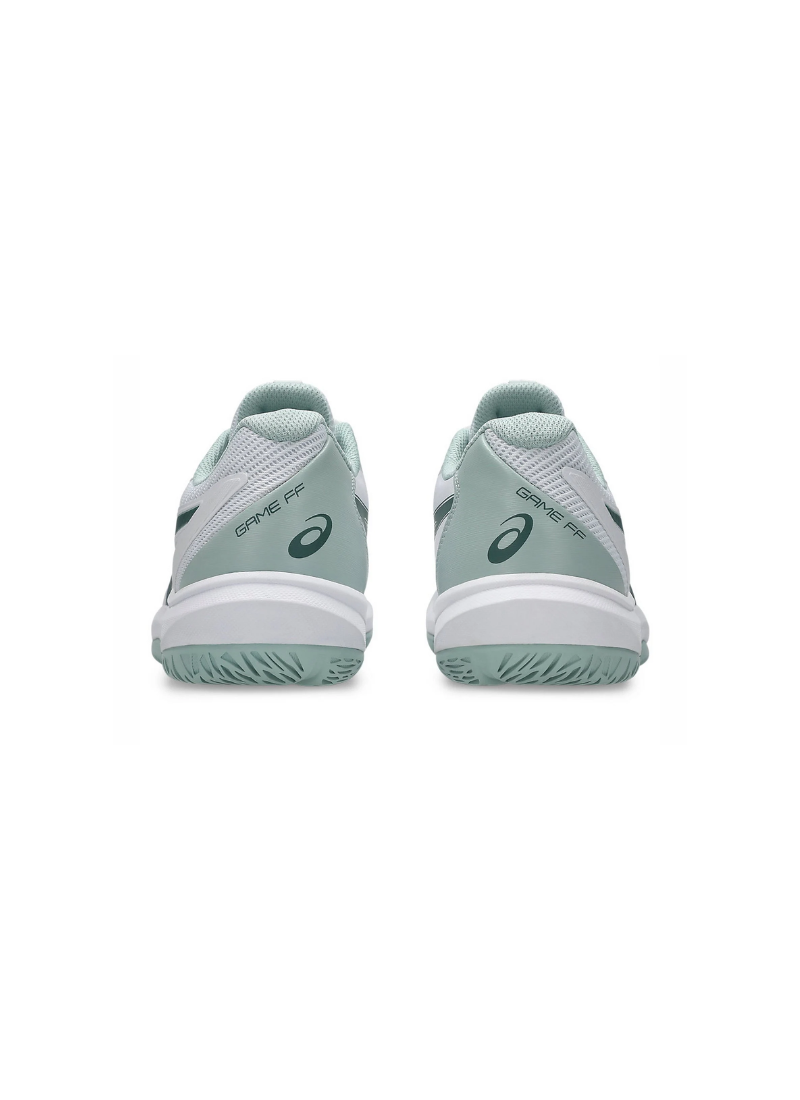 Direct rear heel view of the Asics Game FF Tennis Shoes featuring light green heel counters printed with "GAME FF" and the dark green Asics spiral logo.