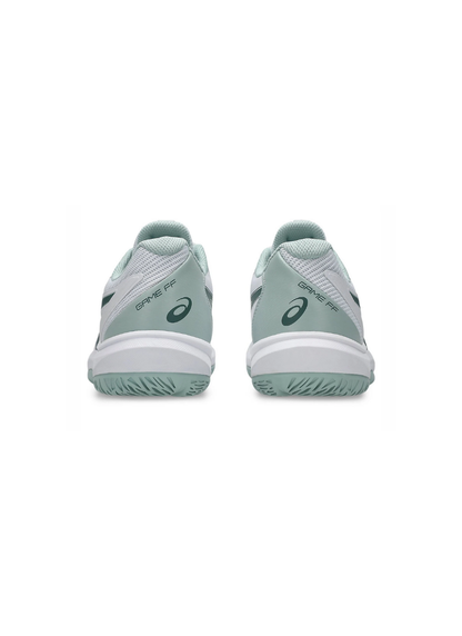 Direct rear heel view of the Asics Game FF Tennis Shoes featuring light green heel counters printed with "GAME FF" and the dark green Asics spiral logo.