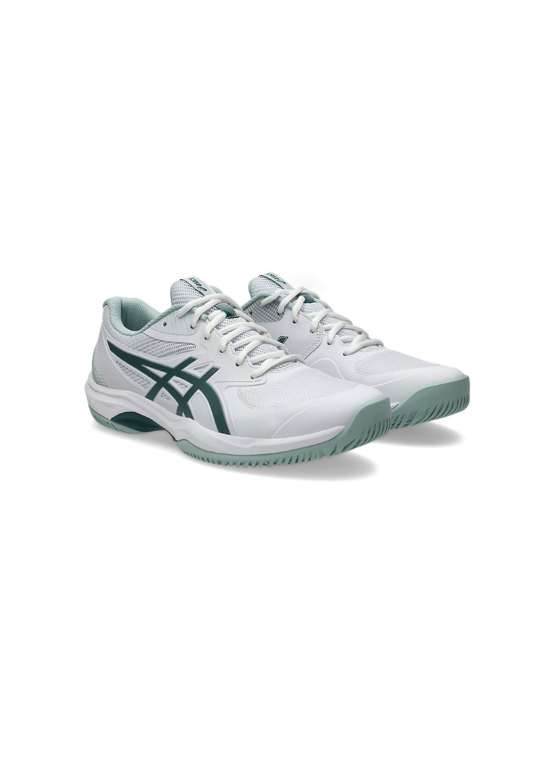 Front angled perspective of a pair of Asics Game FF Tennis Shoes in White and Dark Neptune green featuring white mesh uppers, dark green stripes, and light green outsoles.