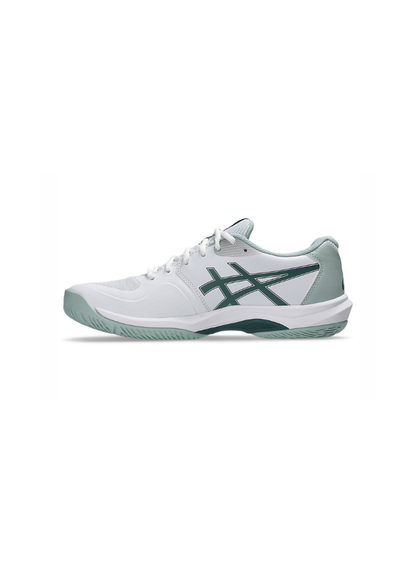 Medial side profile view of the Asics Game FF Tennis Shoe displaying the inner white upper, dark green logo accent, and contoured midsole design.