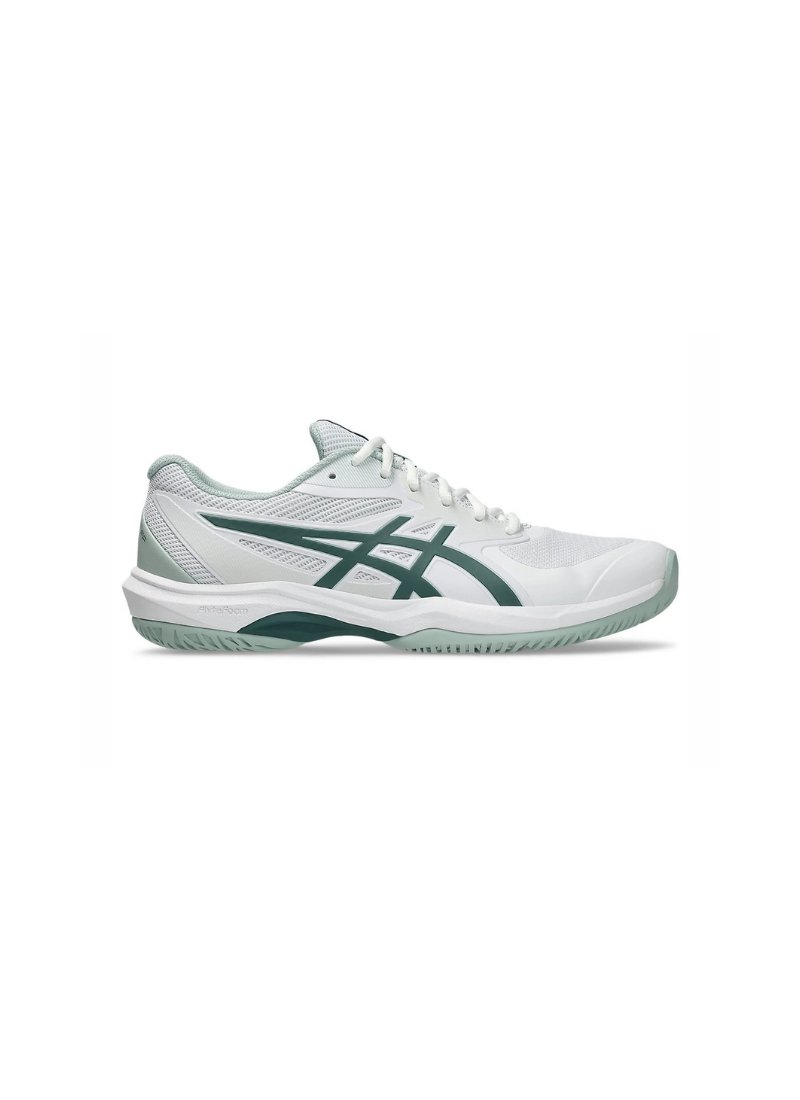 Lateral side profile view of the Asics Game FF Tennis Shoe in White and Dark Neptune showing the dark green Asics logo stripes, white FlyteFoam midsole, and light green rubber sole.