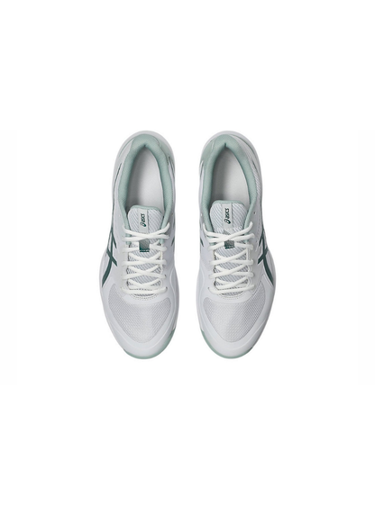 Top-down overhead view of the Asics Game FF Tennis Shoes showcasing the white mesh toe box, white laces, light green collar lining, and tongue branding.