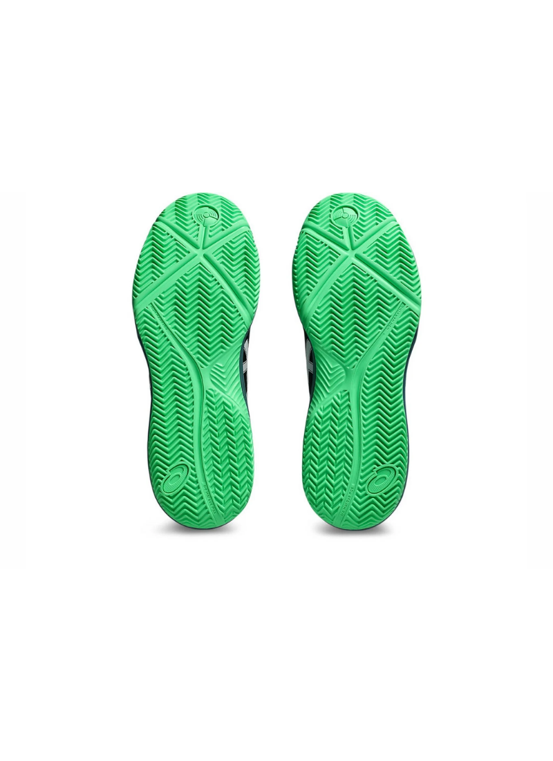 Underside bottom view of the Asics GEL-Dedicate 8 Padel Shoe soles showcasing the bright vital green rubber padel tread pattern with circular pivot points.