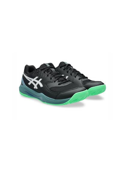 Three-quarter front view of a pair of Asics GEL-Dedicate 8 Padel Shoes featuring black uppers, white logo stripes, teal midfoot overlays, and vital green outsoles.