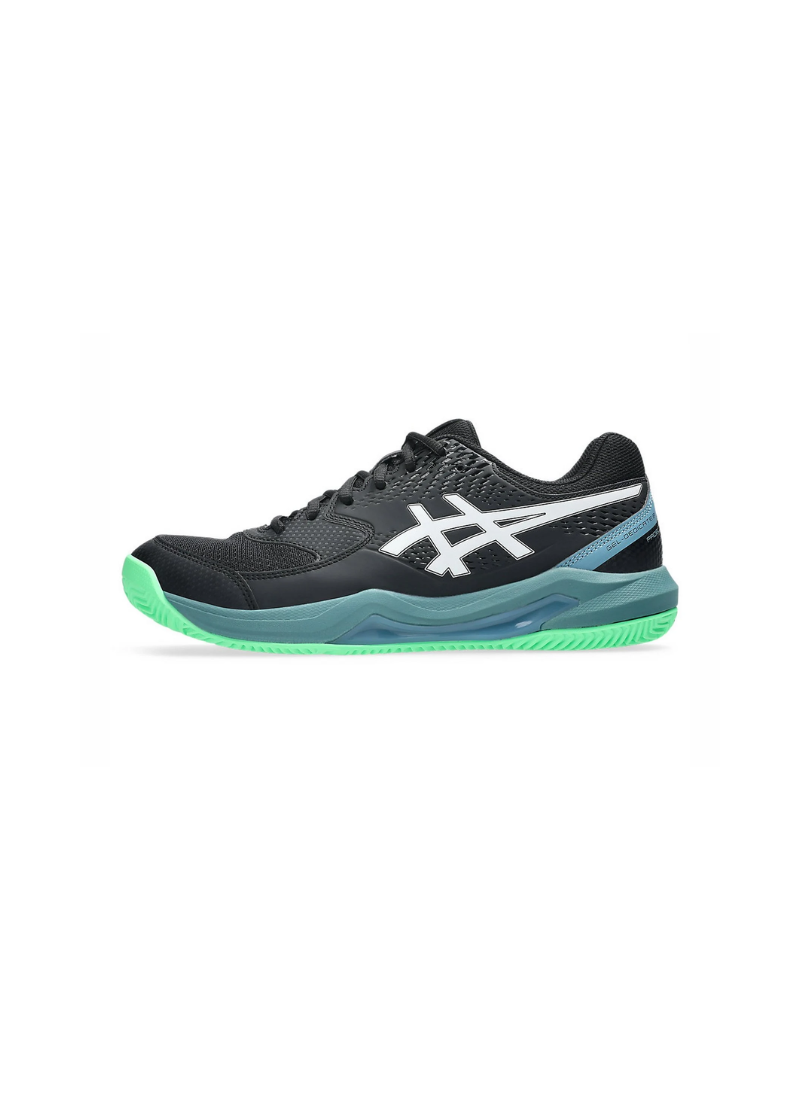 Outer lateral side profile view of the Asics GEL-Dedicate 8 Padel Shoe displaying the black synthetic upper, white Asics logo, dark teal midsole, and bright green outsole tread.