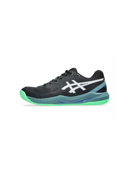 Outer lateral side profile view of the Asics GEL-Dedicate 8 Padel Shoe displaying the black synthetic upper, white Asics logo, dark teal midsole, and bright green outsole tread.