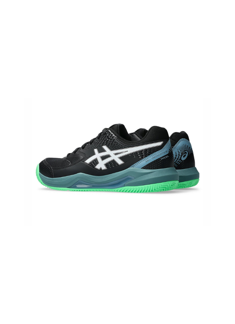 Rear perspective view of the Asics GEL-Dedicate 8 Padel Shoes highlighting the heel counter design, teal midsole structure, and vital green rubber outsoles.