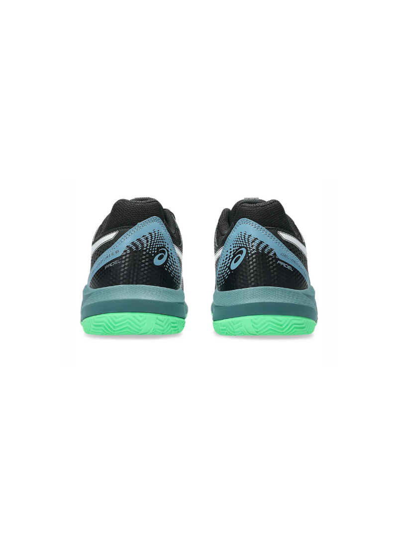 Direct back heel view of the Asics GEL-Dedicate 8 Padel Shoes displaying textured blue heel overlays printed with "GEL-DEDICATE 8 PADEL" and light blue spiral logos.