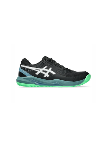 Inner medial side profile view of the Asics GEL-Dedicate 8 Padel Shoe showcasing the dark upper construction, white side stripes, teal midsole support wrap, and bright green sole.