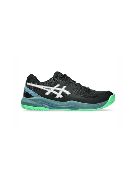 Inner medial side profile view of the Asics GEL-Dedicate 8 Padel Shoe showcasing the dark upper construction, white side stripes, teal midsole support wrap, and bright green sole.