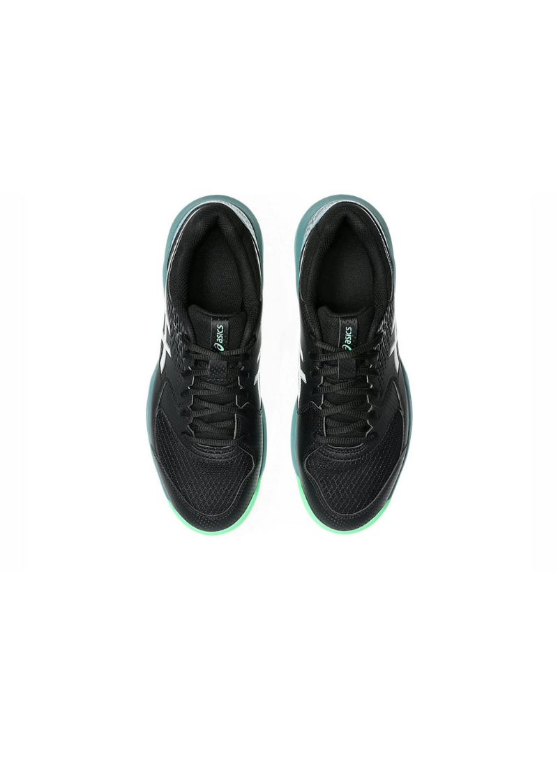 Top-down overhead view of the Asics GEL-Dedicate 8 Padel Shoes highlighting the black mesh toe paneling, black laces, dark interior lining, and green tongue tags.