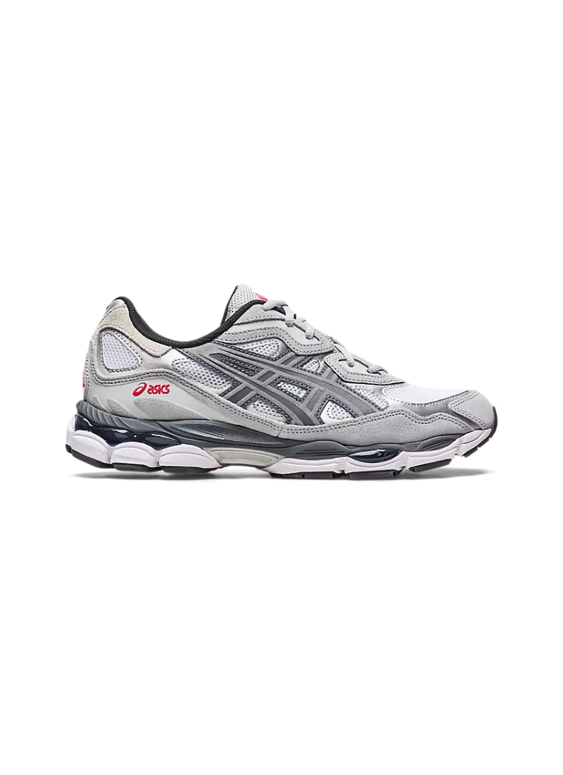 A pair of Asics Gel-NYC men's sportstyle sneakers in white and steel grey colors.
