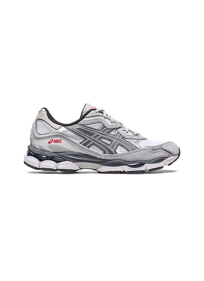 A pair of Asics Gel-NYC men's sportstyle sneakers in white and steel grey colors.