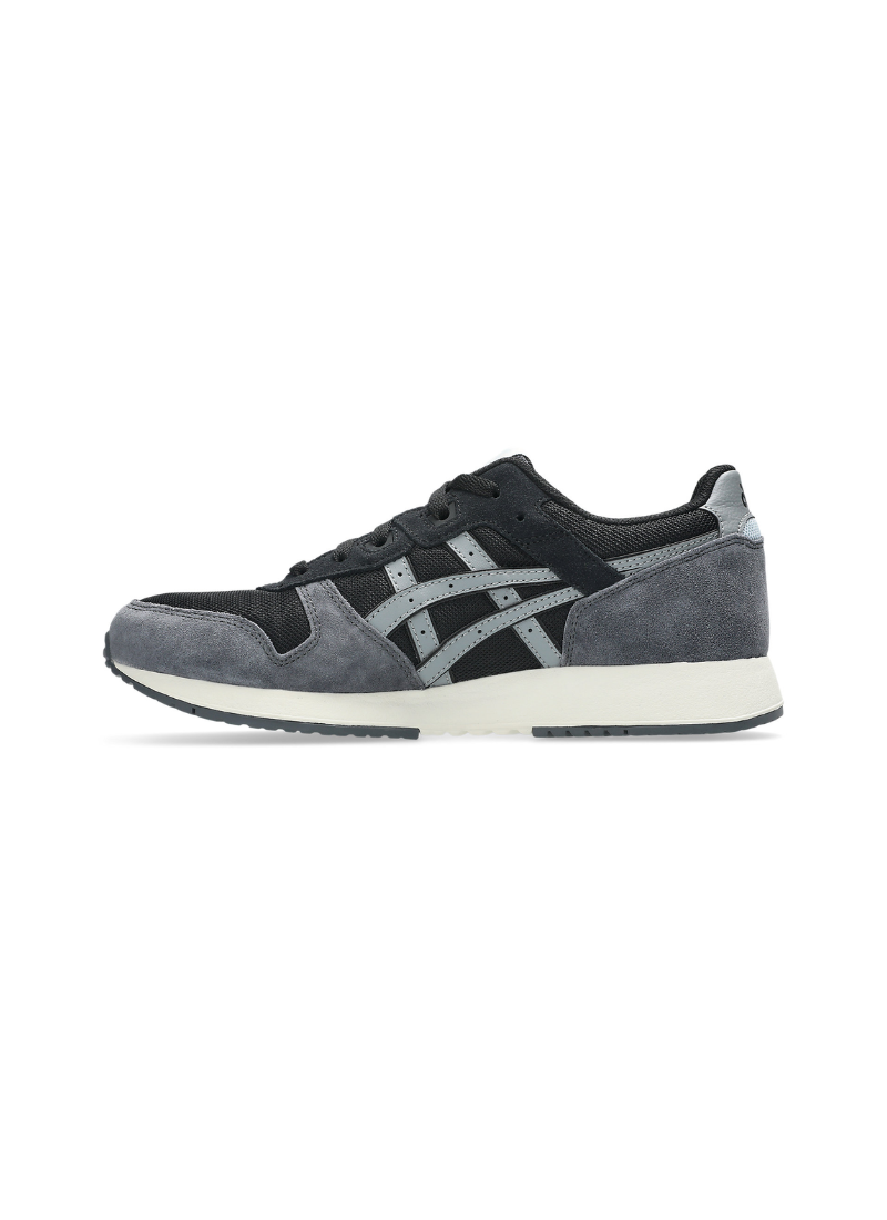 Lateral side profile view of the Asics Lyte Classic Sneaker displaying the grey suede toe overlay, black mesh body, grey side stripes, and off-white EVA midsole.