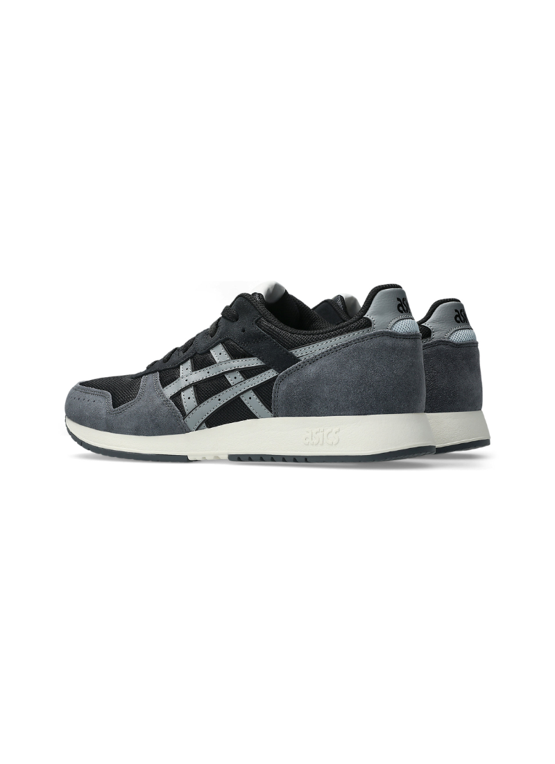Three-quarter rear perspective view of the Asics Lyte Classic Sneakers highlighting the grey suede overlays, padded ankle collar, and off-white midsole design.