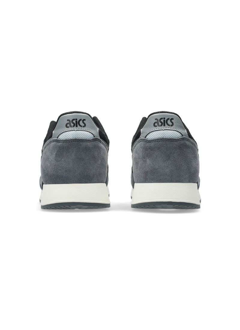 Direct back rear view of the Asics Lyte Classic Sneakers displaying grey suede heel wraps, light grey heel tabs with black Asics logos, and off-white midsoles.