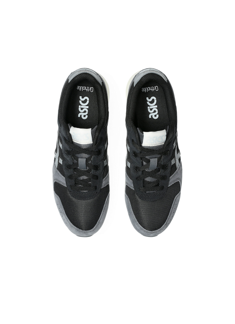 Overhead top-down view of the Asics Lyte Classic Sneakers showing the black mesh toe box, black laces, light blue tongue tags, and OrthoLite insoles.