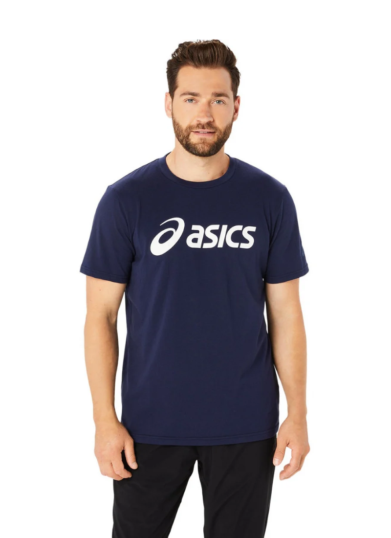 Man wearing a navy blue Asics t-shirt on a white background