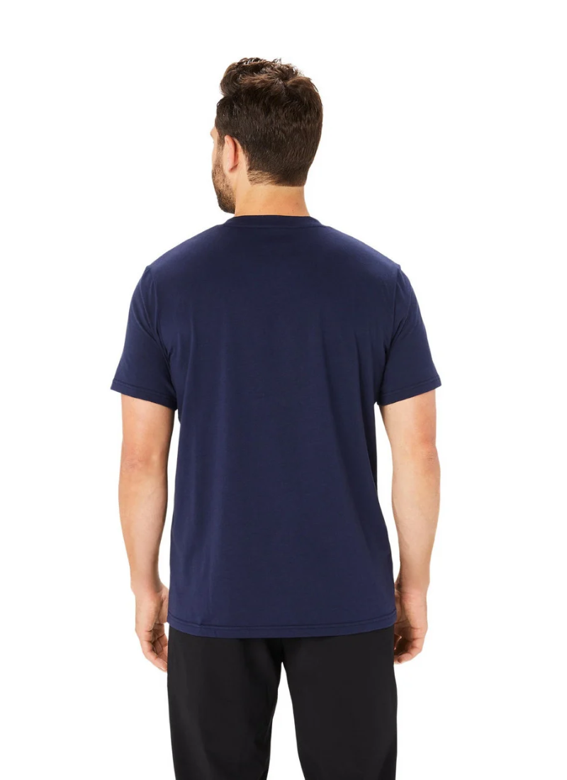 Man wearing a navy blue t-shirt on a white background, rear shot