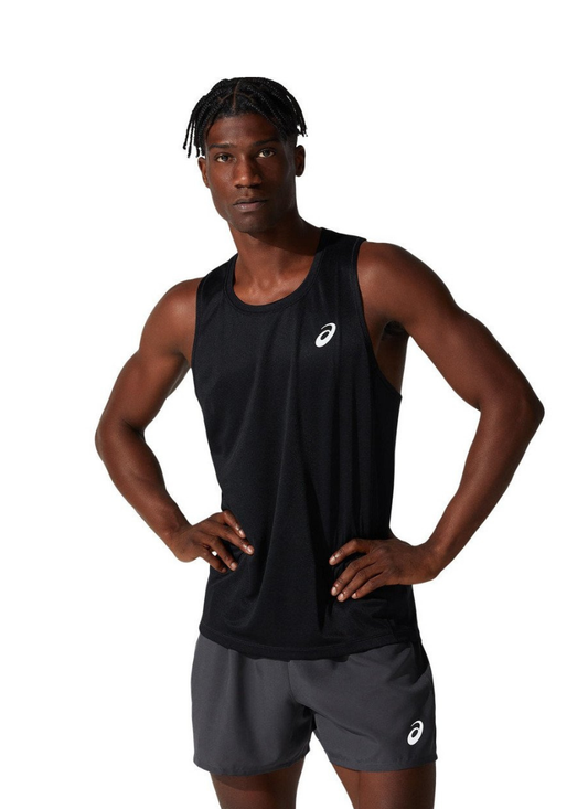 Person wearing a black Asics Men's Silver Singlet with grey shorts