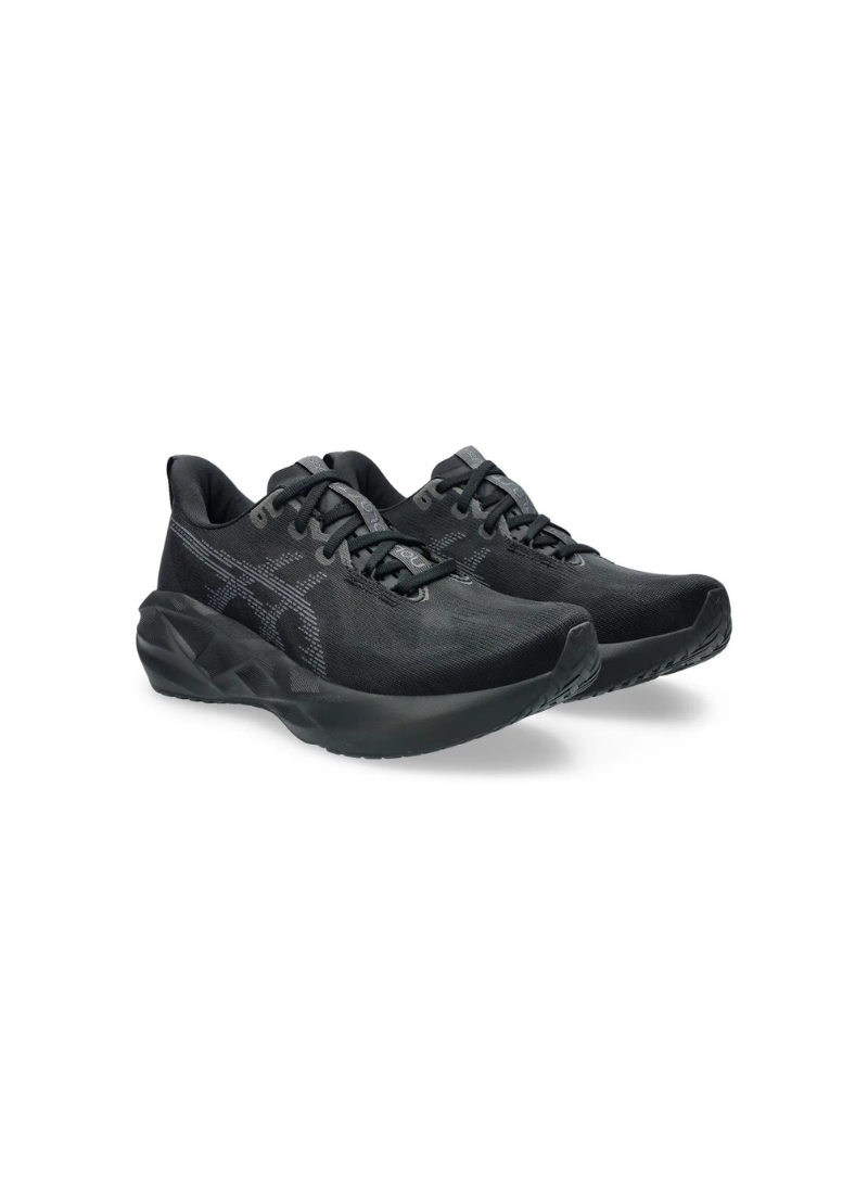 Front three-quarter view of a pair of Asics Novablast 5 Running Shoes featuring black engineered mesh uppers, grey geometric side stripe graphics, and thick sculpted black midsoles.