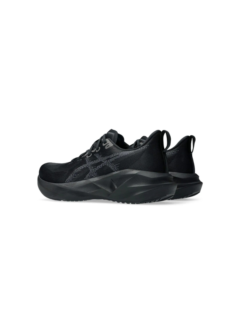 Three-quarter rear perspective view of the Asics Novablast 5 Running Shoes highlighting the extended heel tab, padded ankle collar, and thick sculpted black foam midsoles.