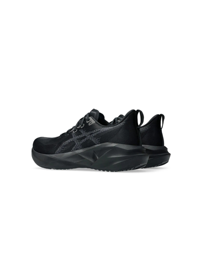 Three-quarter rear perspective view of the Asics Novablast 5 Running Shoes highlighting the extended heel tab, padded ankle collar, and thick sculpted black foam midsoles.