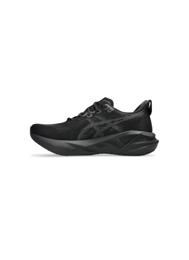 Outer lateral side profile view of the Asics Novablast 5 Running Shoe showing the dark mesh construction, dashed grey Asics logo print, and thick angular midsole cushion.