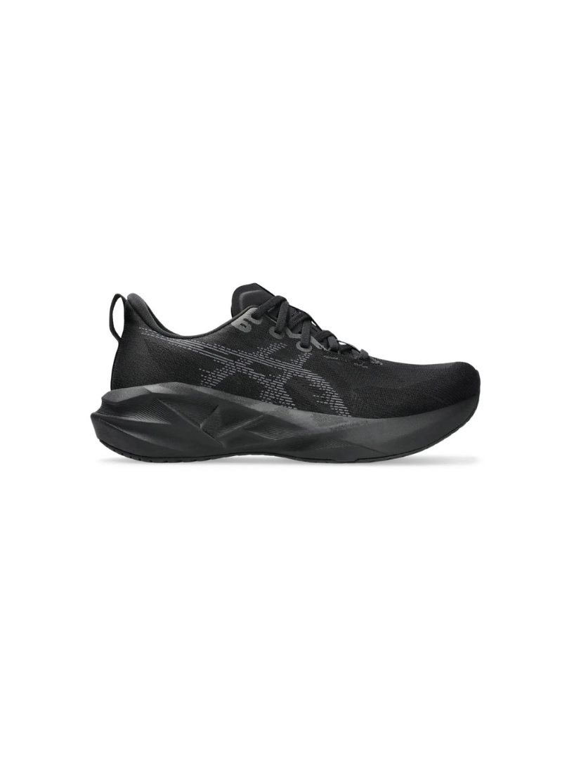 Inner medial side profile view of the Asics Novablast 5 Running Shoe displaying the breathable black mesh upper, dark grey stripe graphics, and geometric midsole geometry.