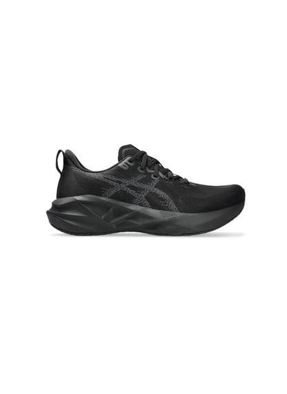 Inner medial side profile view of the Asics Novablast 5 Running Shoe displaying the breathable black mesh upper, dark grey stripe graphics, and geometric midsole geometry.