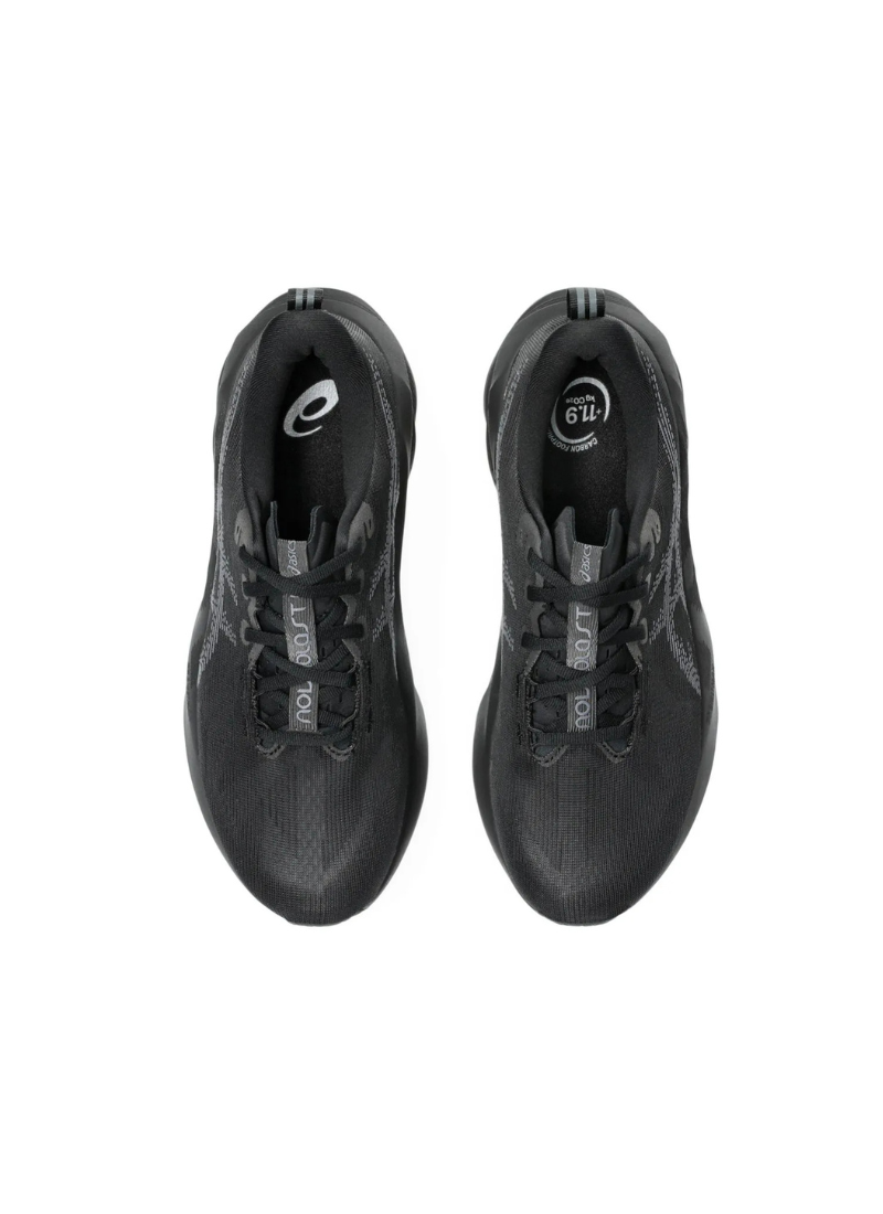 Overhead top-down view of the Asics Novablast 5 Running Shoes showcasing the black mesh toe box, black laces, grey "NOVABLAST" printed tongue tabs, and dark insoles.