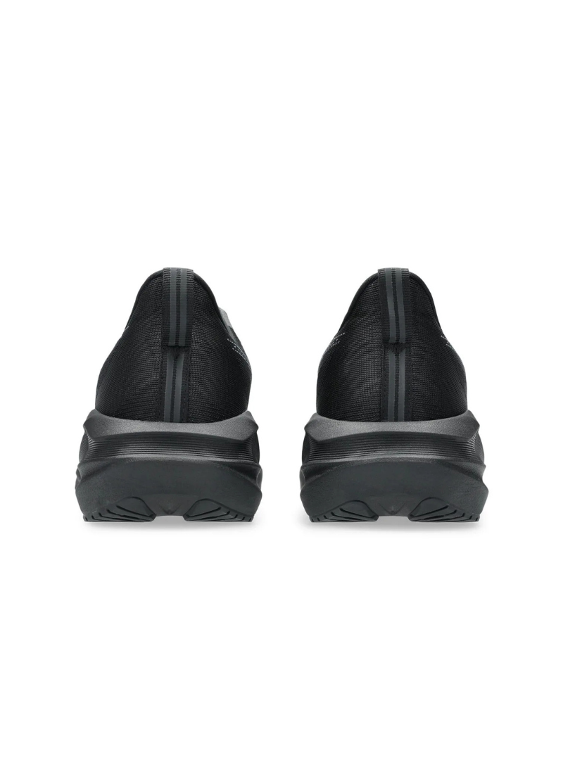 Direct back rear view of the Asics Novablast 5 Running Shoes featuring vertical grey stripe pull tabs on the heels and wide, flared black midsoles.