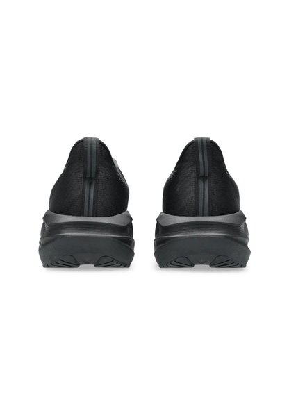 Direct back rear view of the Asics Novablast 5 Running Shoes featuring vertical grey stripe pull tabs on the heels and wide, flared black midsoles.