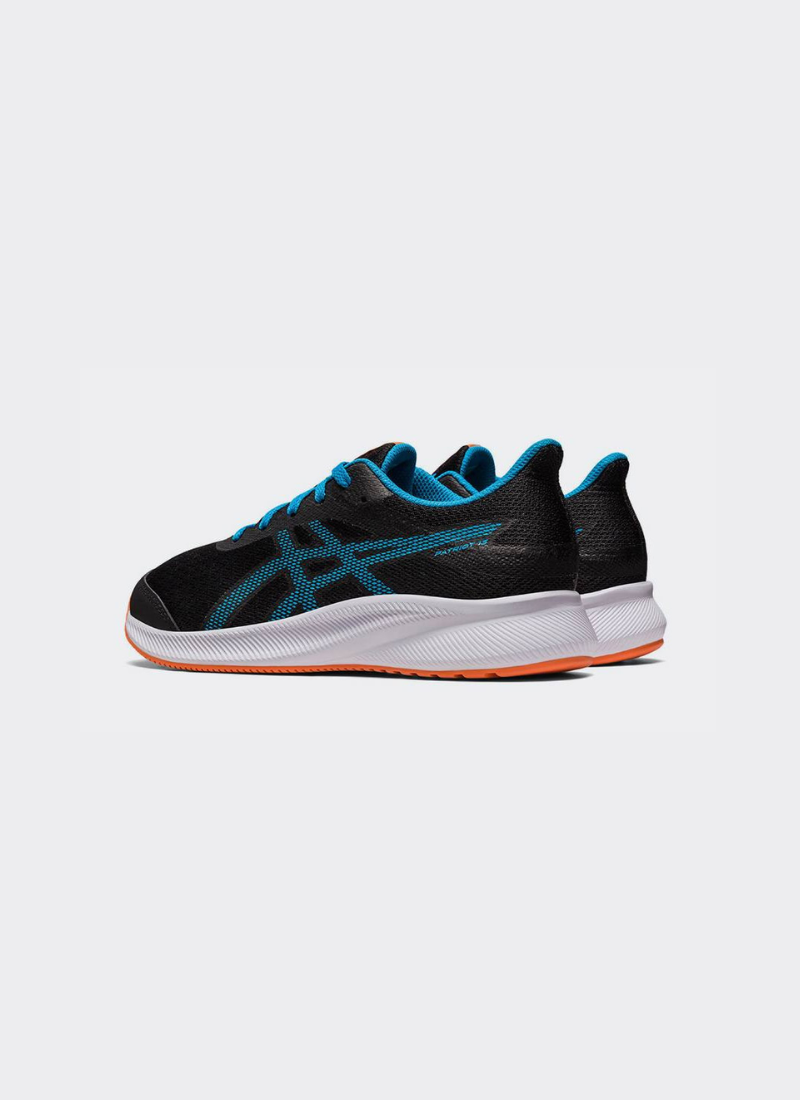 ASICS Patriot 13 GS in Black/Blue with black mesh upper, blue side stripes, white midsole, and orange outsole.