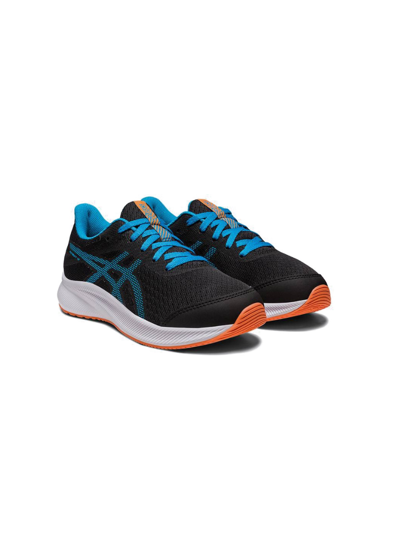 Pair of ASICS Patriot 13 GS shoes in Black/Blue with blue laces, white midsole, and orange outsole.
