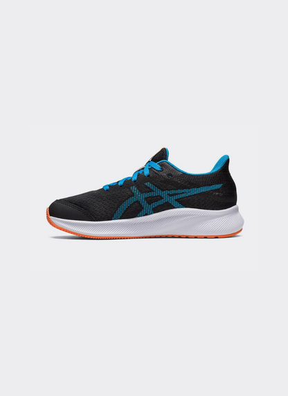 Medial profile of ASICS Patriot 13 GS showing black mesh upper, blue side stripes, white midsole, and orange outsole.