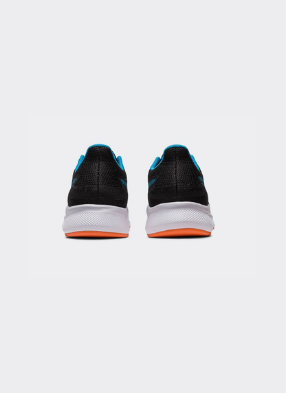 Rear heel view of ASICS Patriot 13 GS running shoes in Black/Blue with white midsole and orange outsole.