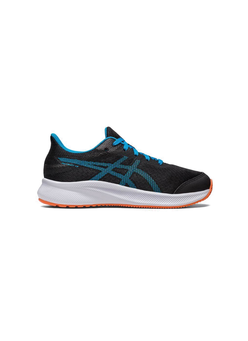 Lateral profile of ASICS Patriot 13 GS in Black/Blue featuring black mesh upper, white midsole, and orange outsole.