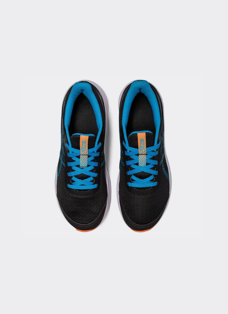 Overhead view of ASICS Patriot 13 GS shoes showing black mesh upper, blue laces, blue collar lining, and orange tongue logo.