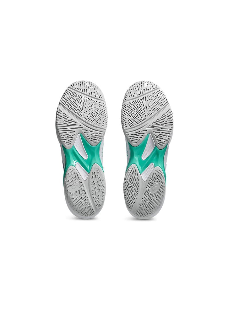 Underside bottom view of the Asics Solution Swift FF 2 Court Shoe outsoles featuring light grey multi-directional court tread patterns and a bright teal central shank.