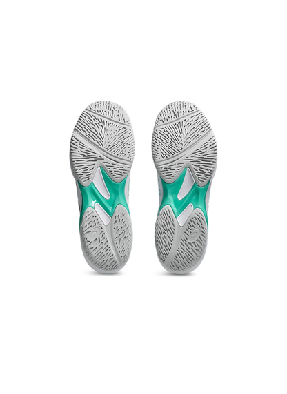 Underside bottom view of the Asics Solution Swift FF 2 Court Shoe outsoles featuring light grey multi-directional court tread patterns and a bright teal central shank.