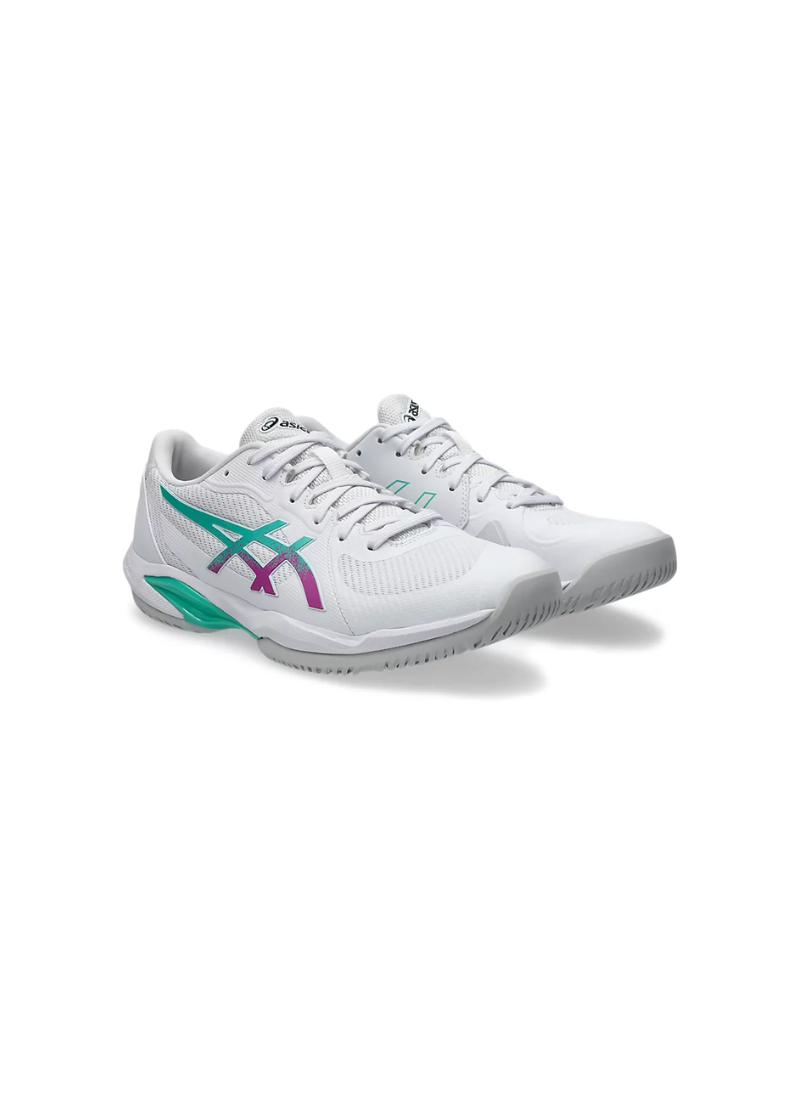 Front three-quarter view of a pair of white Asics Solution Swift FF 2 Court Shoes featuring teal and magenta side stripes, white laces, and light grey outsoles.